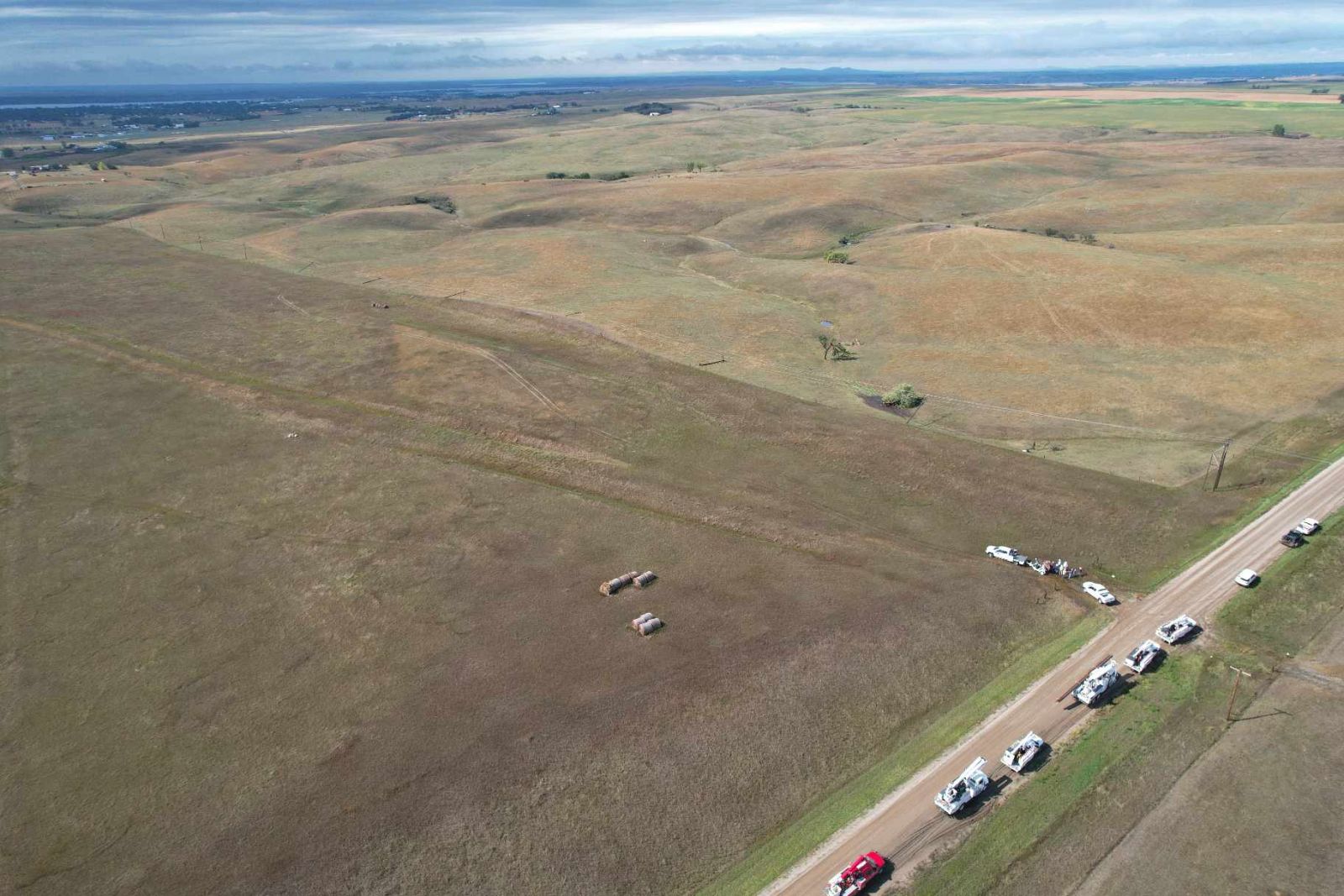 Drone imagery of power poles broken to the east-northeast of Mobridge, SD