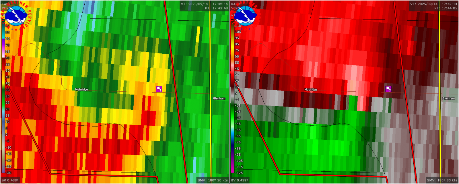 Radar image at 12:44pm CDT on September 14, 2025 as the tornado was crossing US-12 just to the east of Mobridge, SD