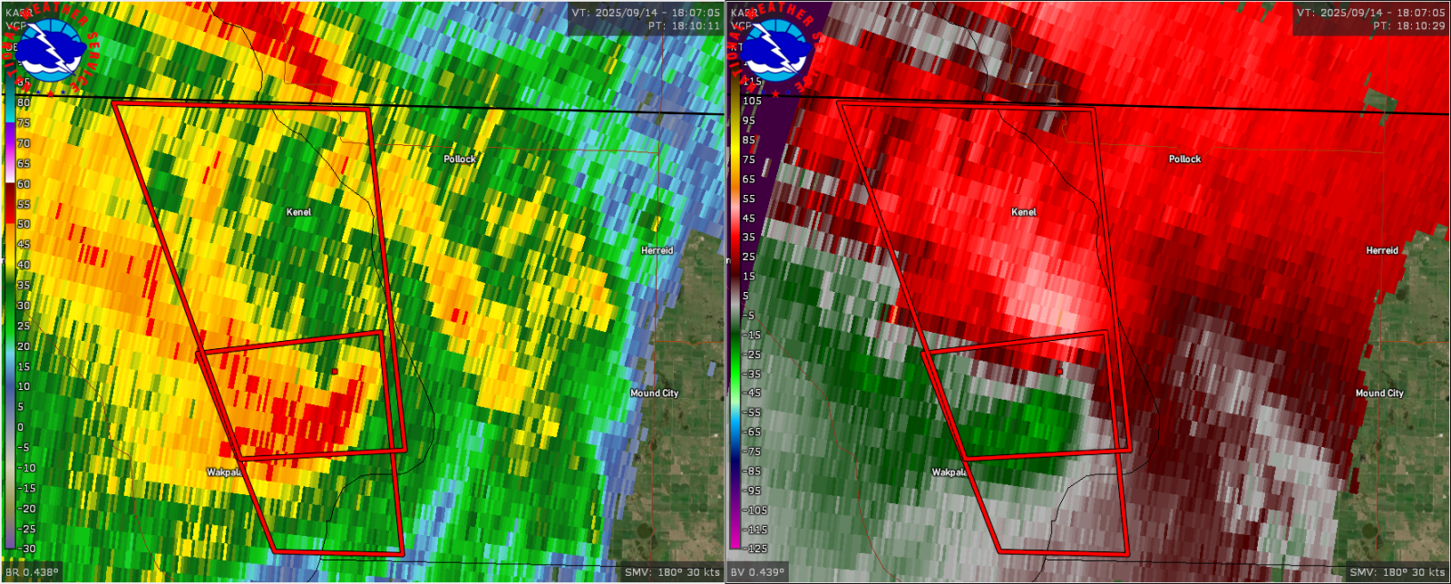 Radar image at 1:10pm CDT on September 14, 2025 at the time of a storm chaser report of a tornado to the northeast of Wakpala, SD