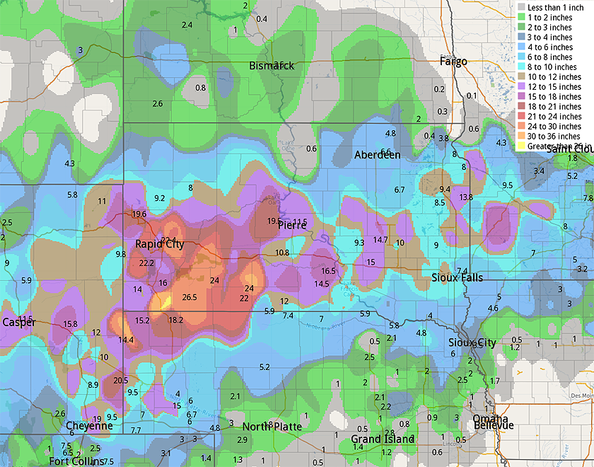 72 Hour Snowfall from 10am Monday to 10am Thursday