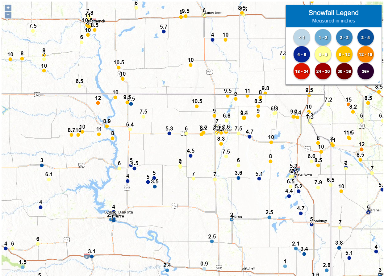 Observed snowfall amounts (Friday Night through Sunday Morning - 3/8-10/2019) across northeast South Dakota and west central Minnesota