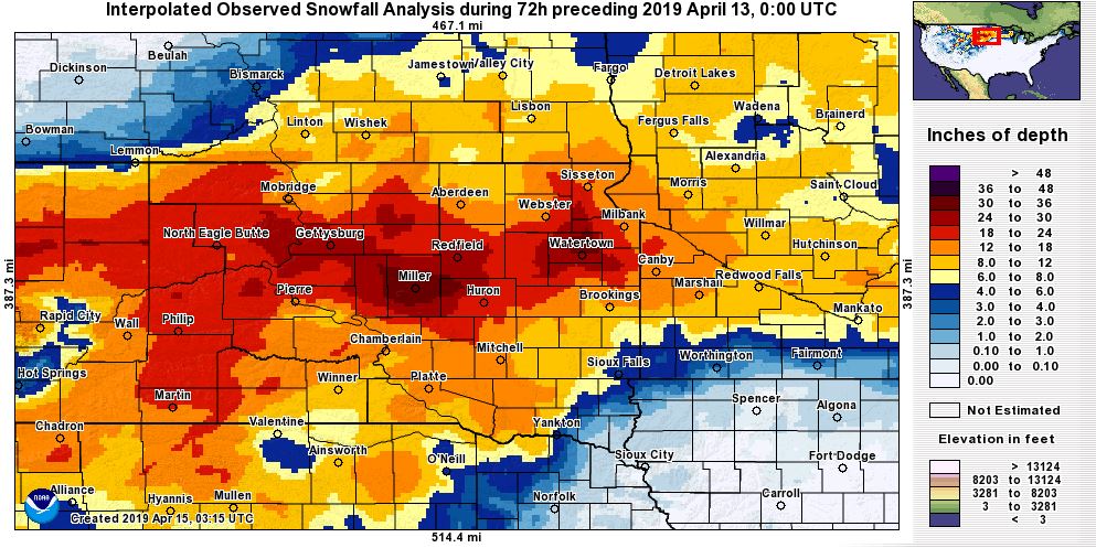 Liquid Equivalent precipitation observed for the 72 hours prior to 11 AM CDT on April 12, 2019
