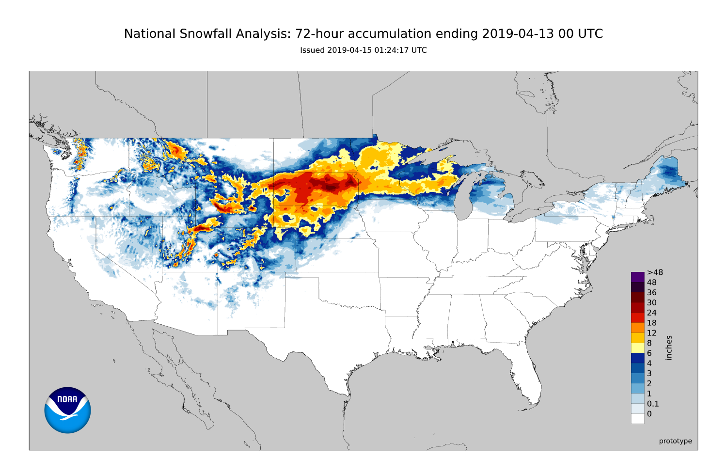 Liquid Equivalent precipitation observed for the 72 hours prior to 11 AM CDT on April 12, 2019