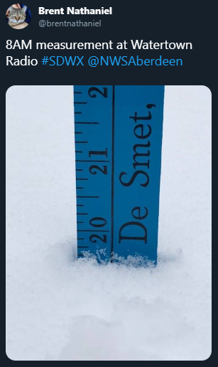 Snowfall measurement in Watertown at 8 AM April 12, 2019 (Source: Brent Nathaniel - Twitter)