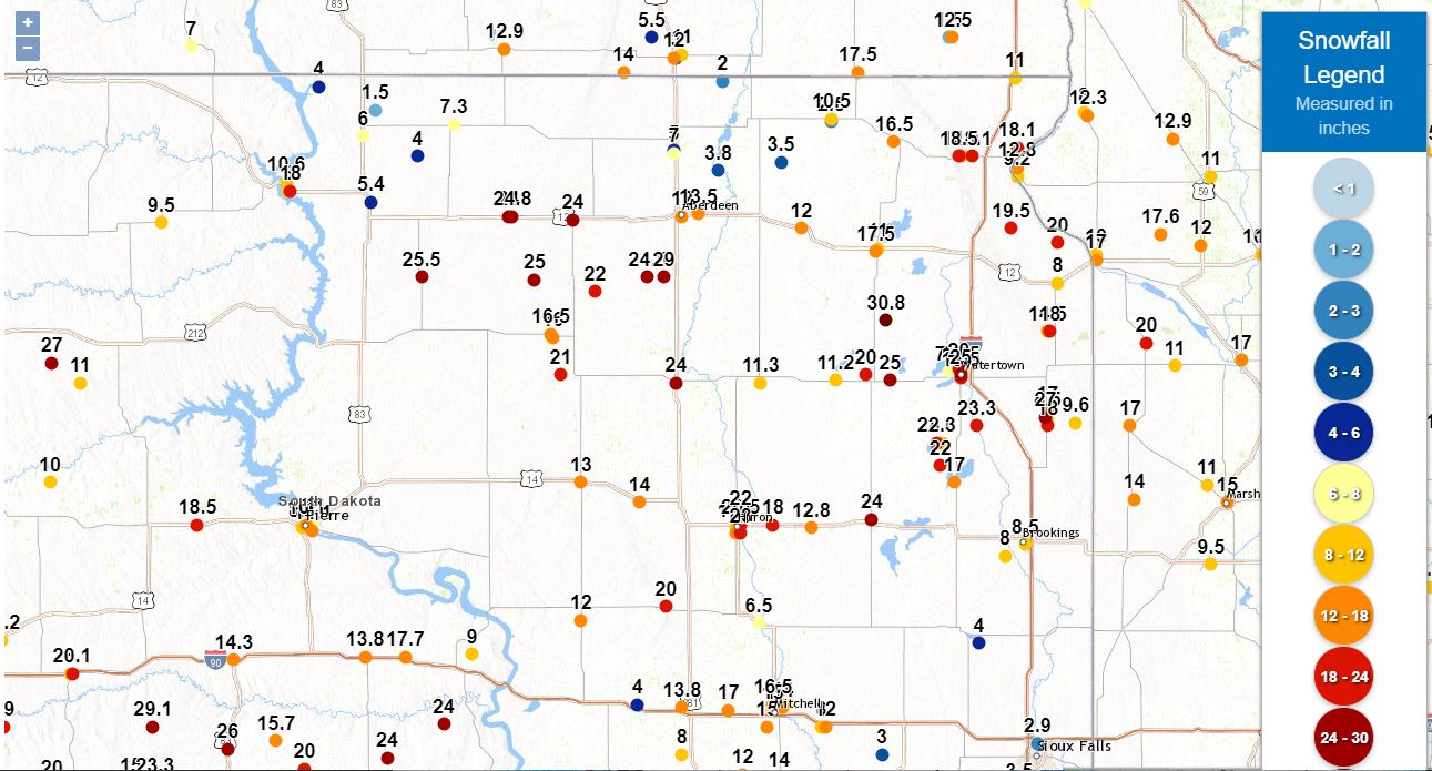 Snowfall reports across central/eastern South Dakota and west central Minnesota