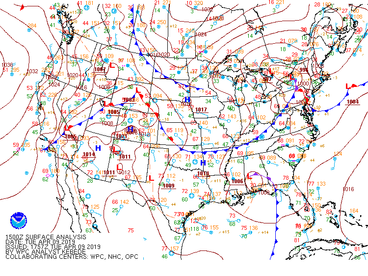 Loop of the surface low track from 10 AM CDT April 9, 2019 to 7 AM CDT April 12, 2019