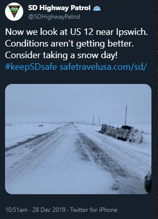 Poor travel conditions near Ipswich, SD on the morning of December 28, 2019 (SD Highway Patrol)