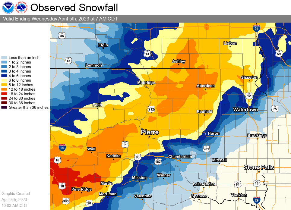 2 Day Snowfall ending at 7am on April 5, 2023