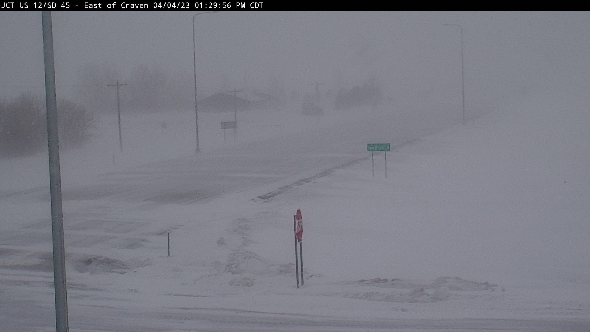 	View of US12 from Craven's Corner, near Ipswich, SD at 1:30 PM on April 4th. Visibility from falling snow was less than 1/2 mile.  (Image from SD DOT)