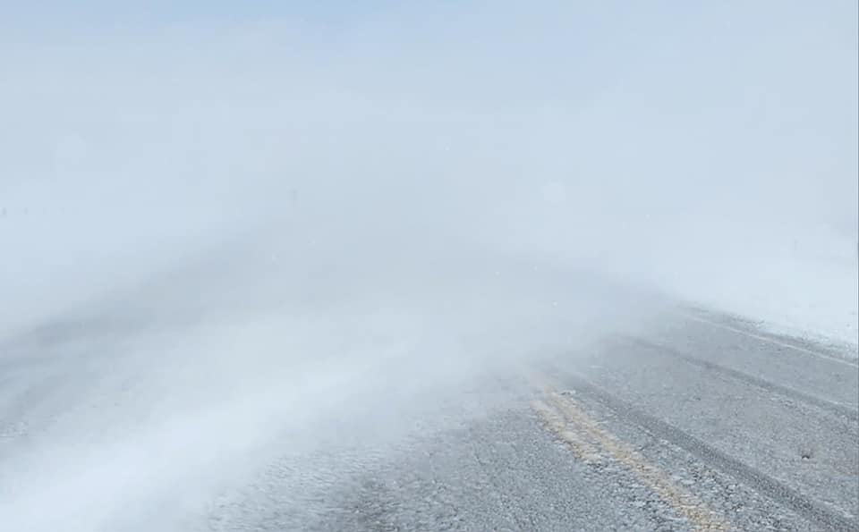 	View of US12 from Craven's Corner, near Ipswich, SD at 1:30 PM on April 4th. Visibility from falling snow was less than 1/2 mile.Â  (Image from SD DOT)