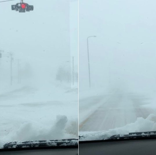	View of US12 from Craven's Corner, near Ipswich, SD at 1:30 PM on April 4th. Visibility from falling snow was less than 1/2 mile.Â  (Image from SD DOT)