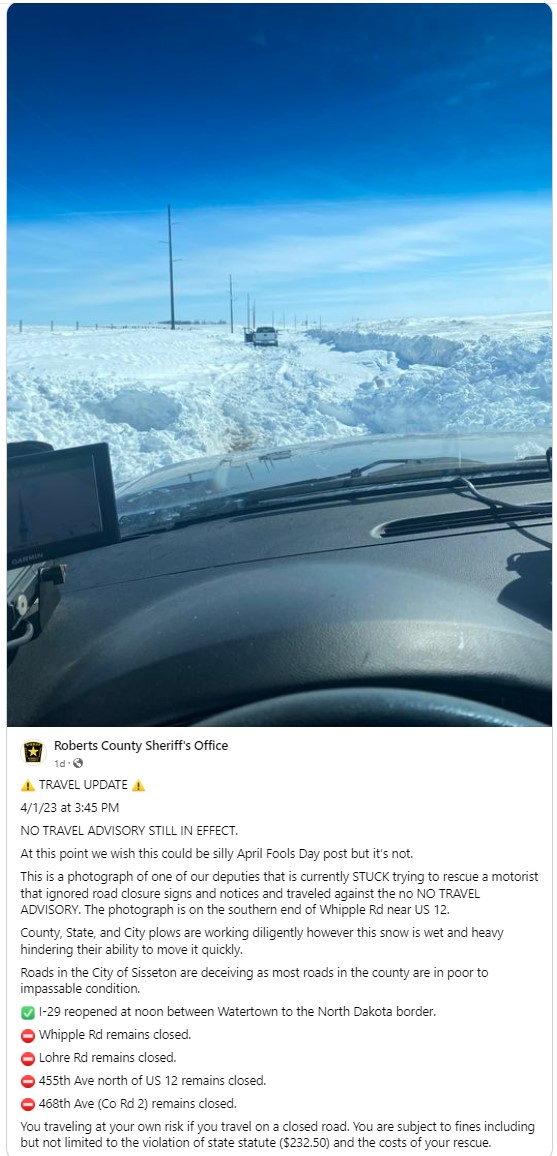 Travel conditions the day after the March 31 event in Roberts County (Roberts County Sheriff's Office)