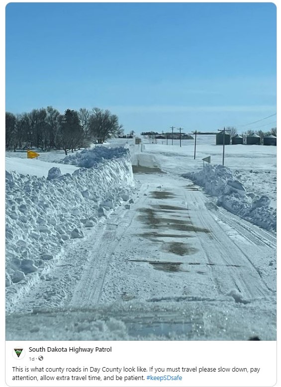 Travel conditions the day after the March 31 event in Day County (SD Highway Patrol)