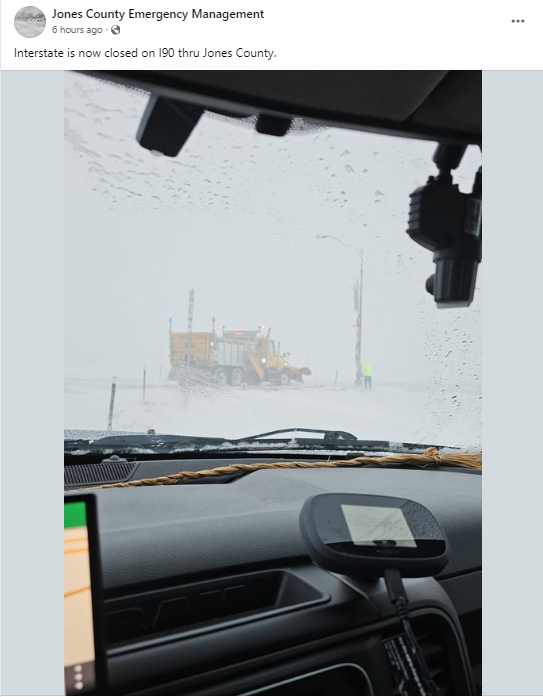 I-90 being closed during the afternoon on December 25th in Jones County SD.Â  (Photo by Jones County EM - Facebook)