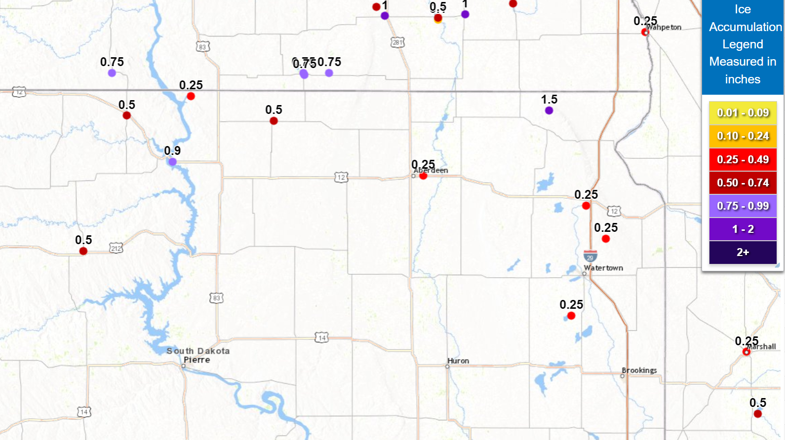 Ice Accumulation Reports from the event, as of 2pm December 27, 2023