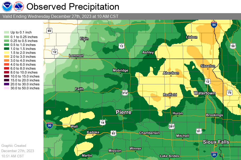 2 Day Liquid Equivalent Precipitation Estimates ending during the morning of Dec 27, 2023