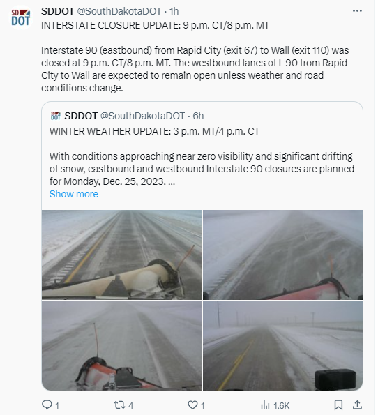 Information on the I-90 closure on December 25, 2023 (SDDOT on Twitter)