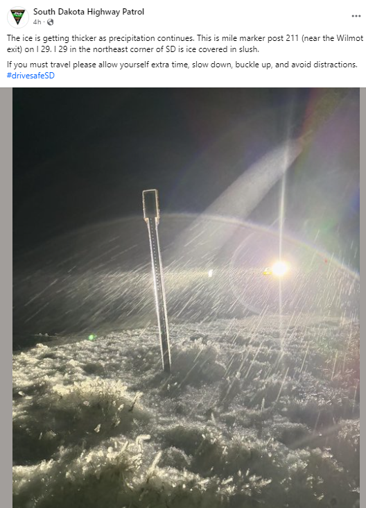 Ice accumulation on a mile marker along I-29 near Wilmot exit on the evening of December 25th, 2023.(via SD Highway Patrol)