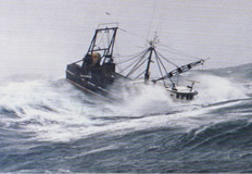 Image of fishing vessel going over a large wave