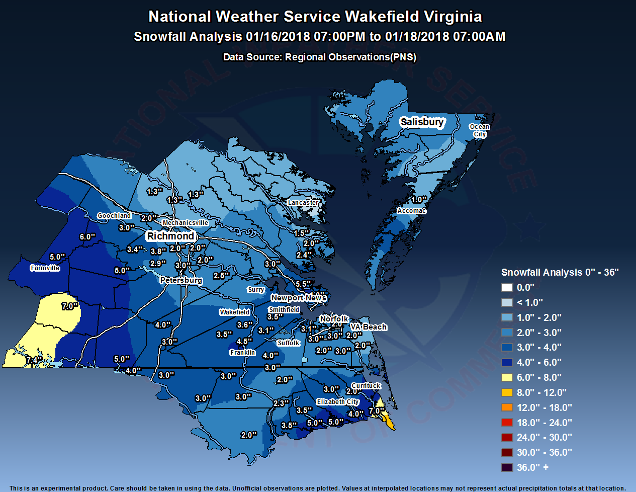 Snow Amounts jan 17, 2018