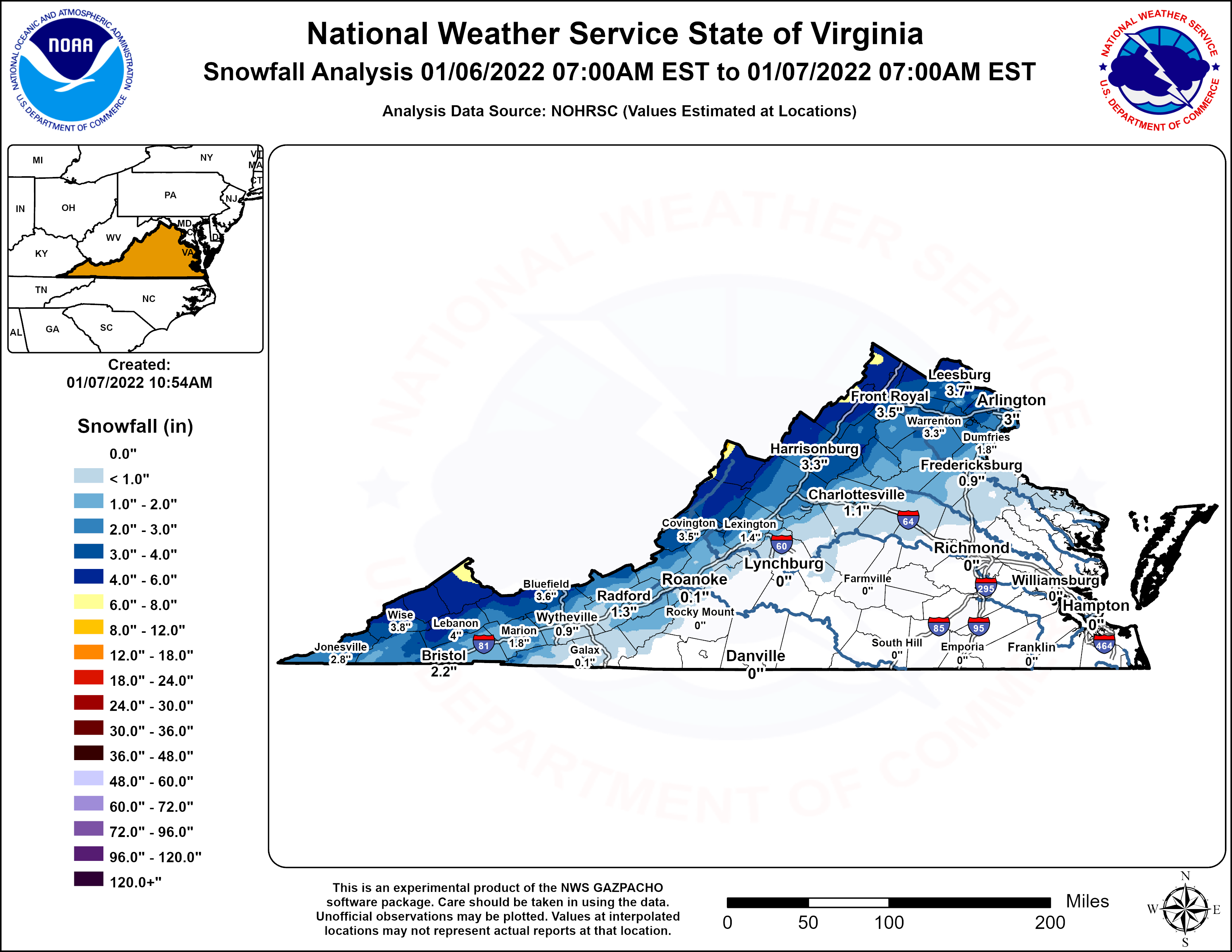 Virginia Snow Amounts Jan7, 2022