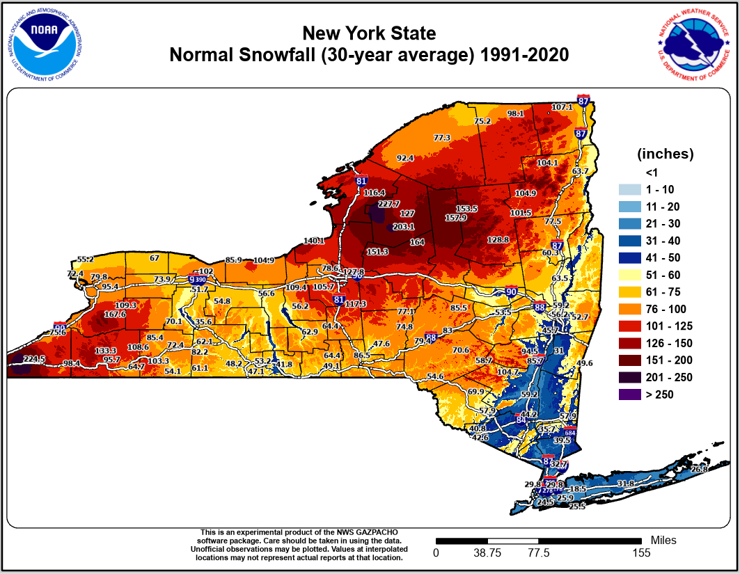 1991-2010 seasonal snowfall normals (October to May)