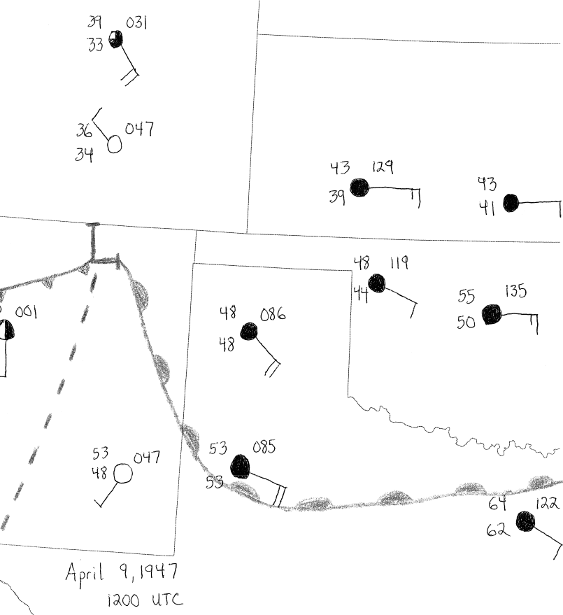 Figure 6.  9 April 1947 1200 UTC (6 a.m. CST) surface analysis.