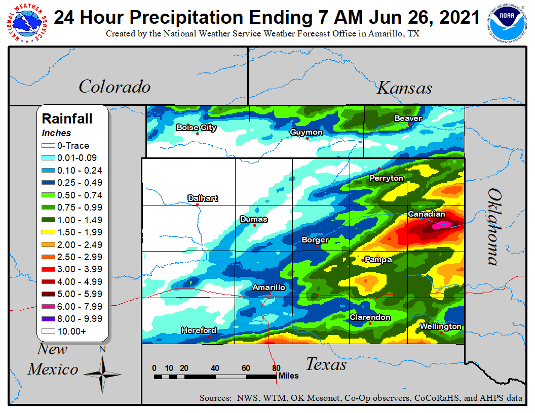 Rainfall over the 24 hours ending 7AM June 26th