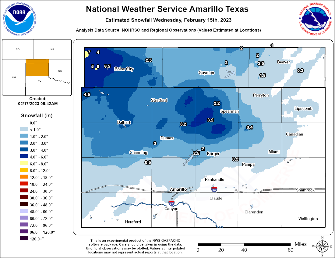 A map of estimated snowfall across the Oklahoma and Texas Panhandles from the February 15th, 2023 snow event. Around 1 to 3 inches of snow fell in much of the northern half of the Texas Panhandle and Oklahoma Panhandle, except the western Oklahoma Panhandle, which received up to around 8 inches of snow.