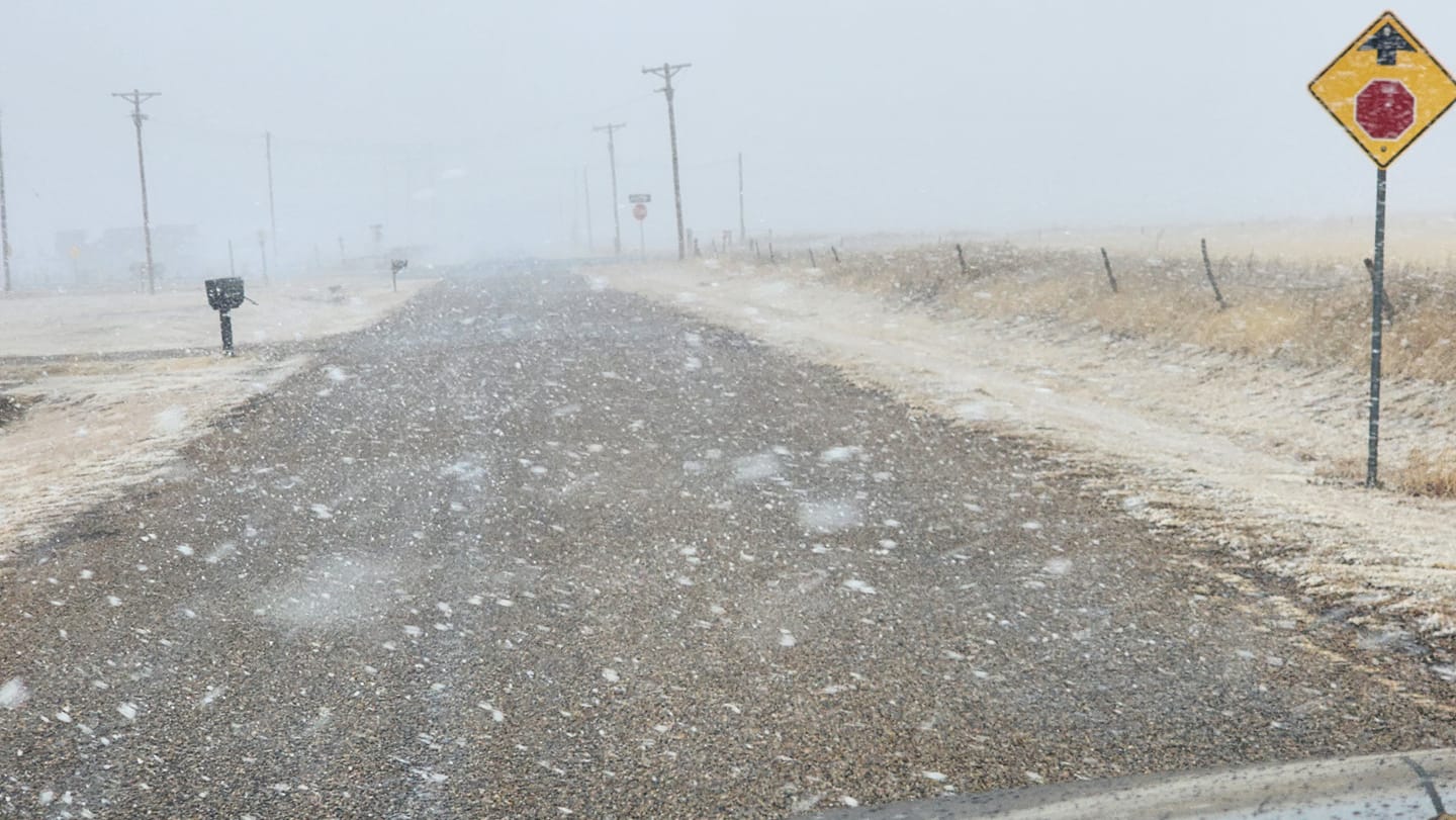 Photo of fluffy flakes flying over Raef Road near Amarillo, Texas on February 15th, 2023. Photo by Amy Williamson-Guerra