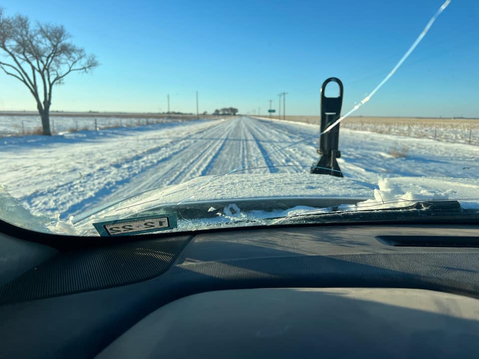 Photo of a snow covered road in Texline, Texas on February 15th, 2023. Photo by Ben Kozar