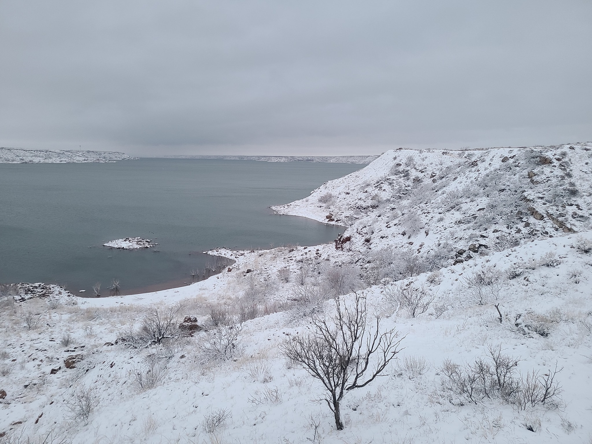 Photo of a snowy landscape around Lake Meredith on February 15th, 2023. Photo by Dawn Davis