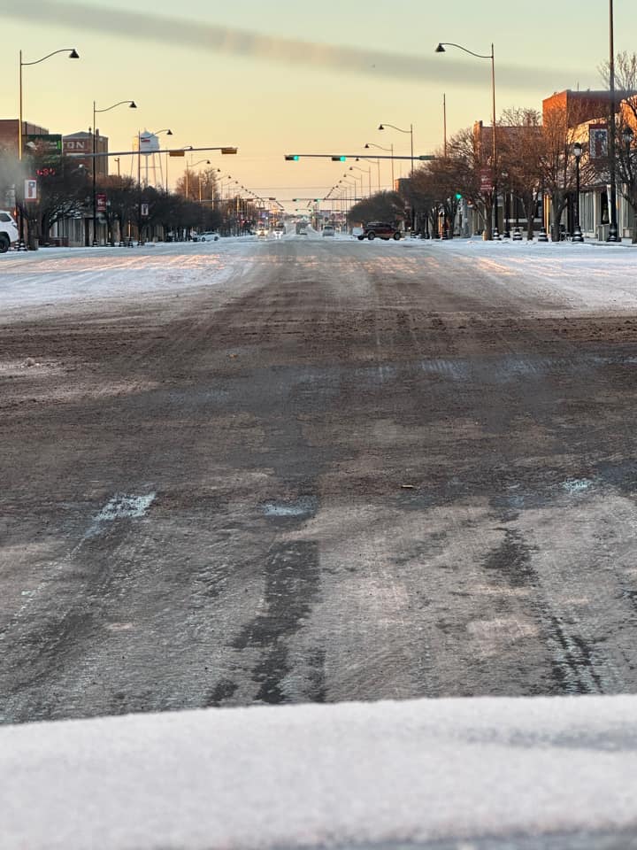 Photo by Jason Vanosdol of a slushy and icy intersection in Perryton, Texas after the February 15th, 2023 snow event