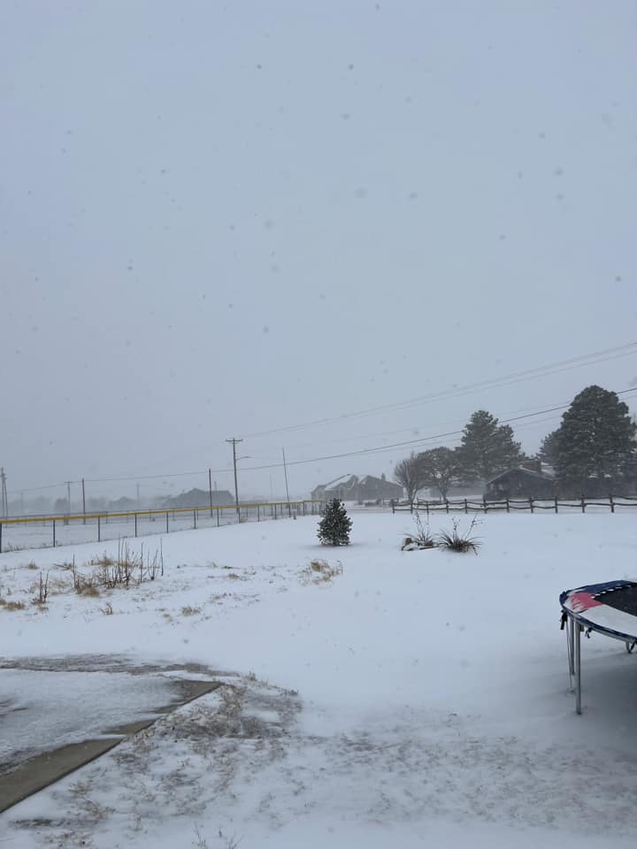 Photo by Savannah Copley of a snowy backyard in Stratford, Texas on February 15th, 2023