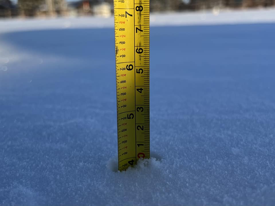 Photo by Savannah Copley of a measurement of 4 inches of snowfall in Stratford, Texas following the February 15th, 2023 snow event