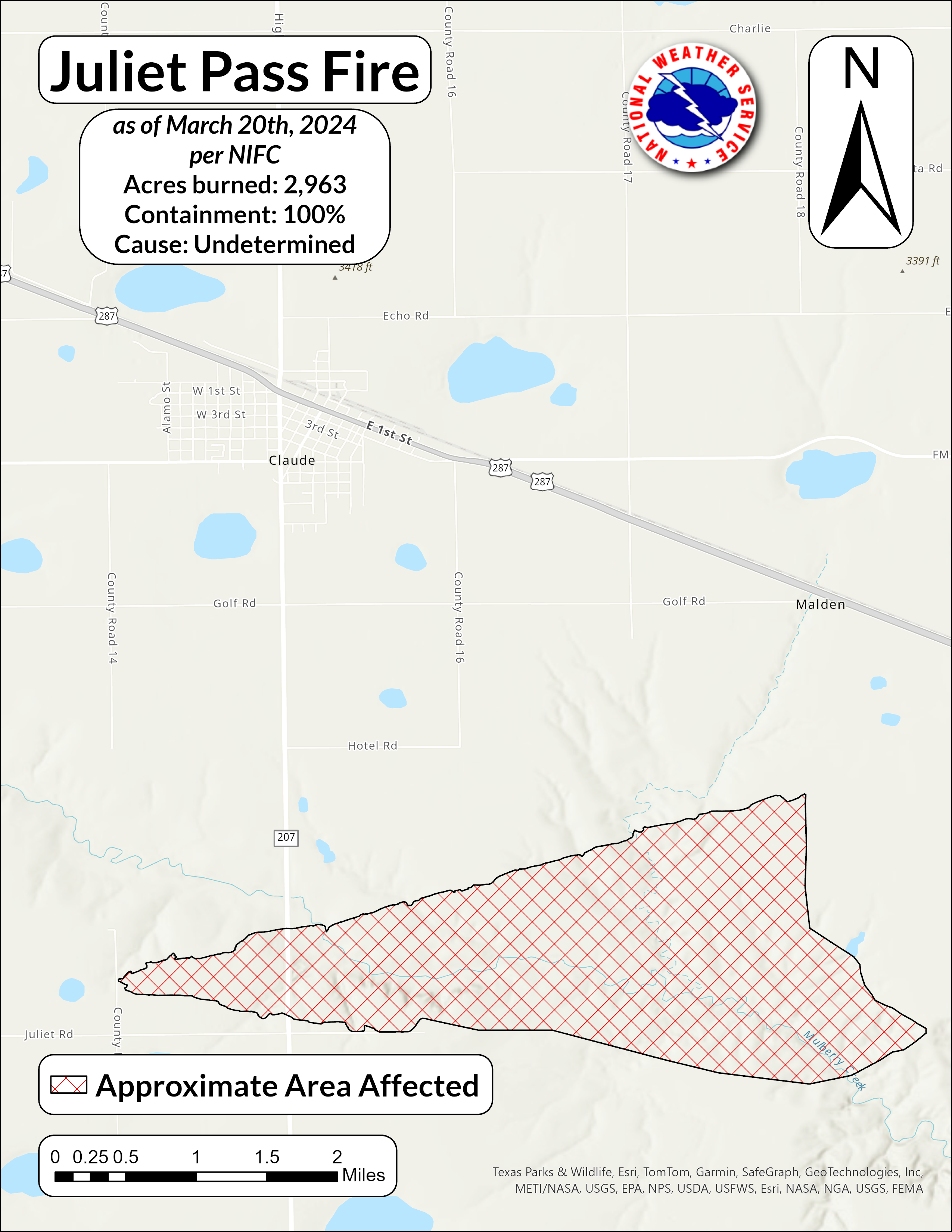 Map of the Juliet Pass fire showing information from the National Interagency Fire Center as of March 20th, 2024. This fire burned 2,963 acres and is 100 percent contained. Per NIFC, the cause of the initial fire start is undetermined.
