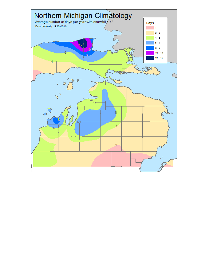 average number of days snowfall greater than 4 inches