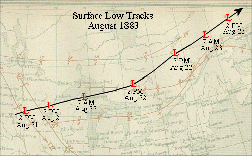 Track of the surface low which was responsible for the tornadoes of August 21 1883