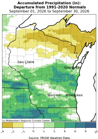A map displaying September 2026 precipitation anomalies, and tables showing the wettest and driest precipitation totals across northeast Iowa, southeast Minnesota, and western Wisconsin.