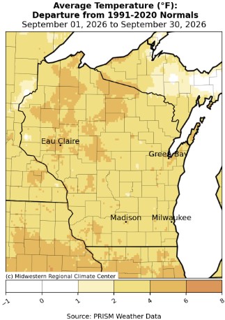 A map displaying September 2026 temperature anomalies, and tables showing the warmest and coldest averages across northeast Iowa, southeast Minnesota, and western Wisconsin.