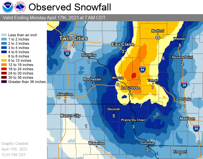 heavy snow axis through central and western Wisconsin of 12-20 inches. 