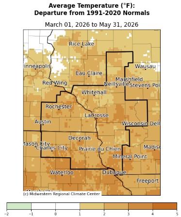 A map displaying meteorological spring temperature anomalies, and tables showing the warmest and coldest averages across northeast Iowa, southeast Minnesota, and western Wisconsin.