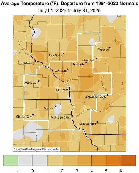 A map displaying July 2025 temperature anomalies, and tables showing the warmest and coldest averages across northeast Iowa, southeast Minnesota, and western Wisconsin.