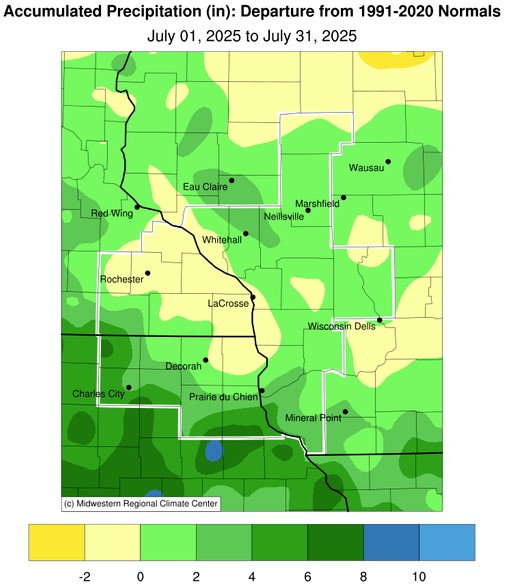 A map displaying July 2025 precipitation anomalies, and tables showing the wettest and driest precipitation totals across northeast Iowa, southeast Minnesota, and western Wisconsin.