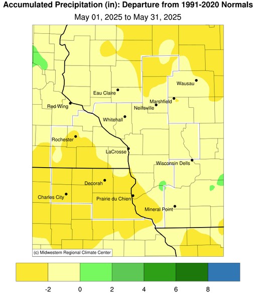 A map displaying May 2025 precipitation anomalies, and tables showing the wettest and driest precipitation totals across northeast Iowa, southeast Minnesota, and western Wisconsin.