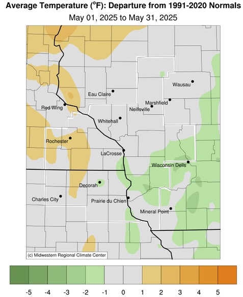 A map displaying May 2025 temperature anomalies, and tables showing the warmest and coldest averages across northeast Iowa, southeast Minnesota, and western Wisconsin.