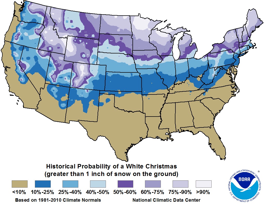 map of chances for white christmas across the United States