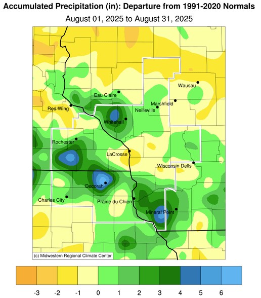A map displaying August 2025 precipitation anomalies, and tables showing the wettest and driest precipitation totals across northeast Iowa, southeast Minnesota, and western Wisconsin.