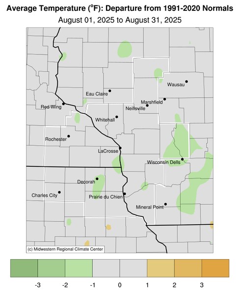A map displaying August 2025 temperature anomalies, and tables showing the warmest and coldest averages across northeast Iowa, southeast Minnesota, and western Wisconsin.