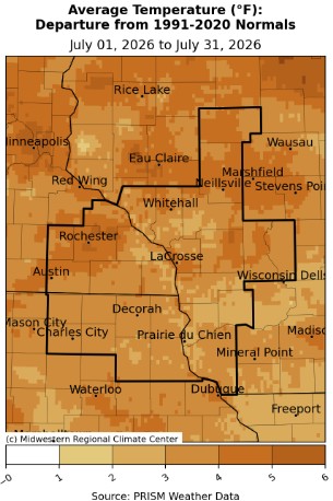 A map displaying July 2026 temperature anomalies, and tables showing the warmest and coldest averages across northeast Iowa, southeast Minnesota, and western Wisconsin.
